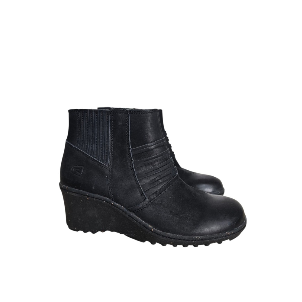 Keen Black Leather Wedge Ankle Boots Womens 8.5 EU 39 Side Zip Comfort